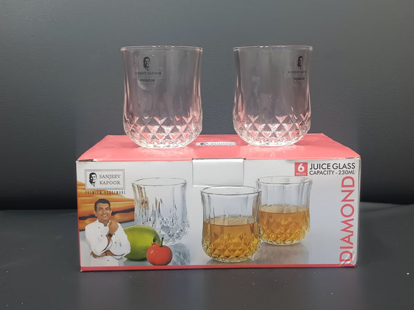 AM2605 Sanjeev Kapoor Diamond SKB-2044 Glass Set Whisky Glass 230 ml,  Clear (Pack of 6)