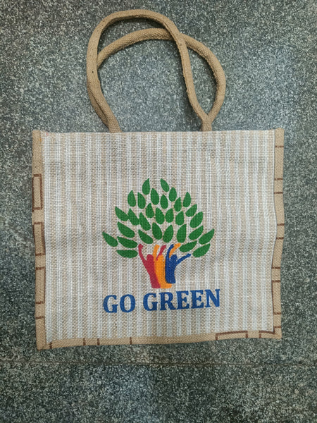 AM2927 Printed Handmade Go Green Jute Bag, Size: 15.6x13x4.8inch(LxHxW)