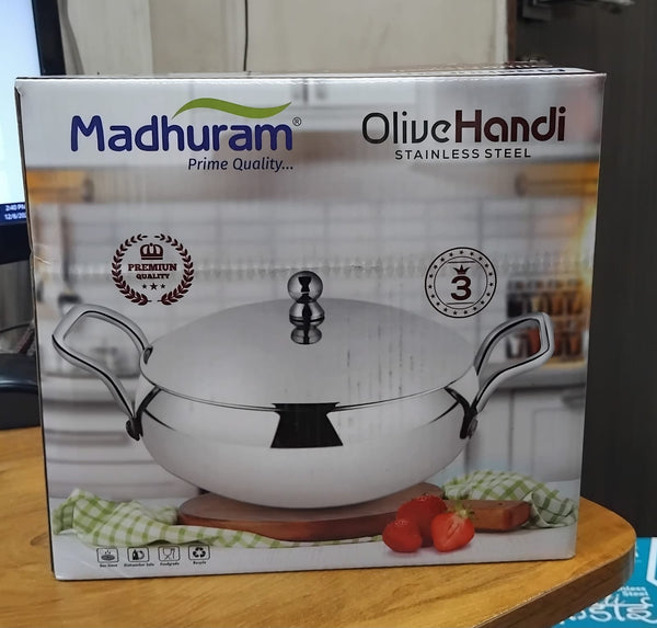 AM2946 Madhuram Prime Quality Olive Handi Stainless Steel (3) With Handle 2000ml