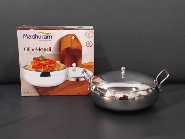 AM2946 Madhuram Prime Quality Olive Handi Stainless Steel (3) With Handle 2000ml