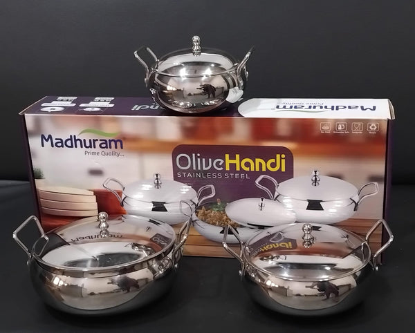 AM2952 Madhuram Prime Quality Olive Handi Stainless Steel With Handle 3 Pcs Set