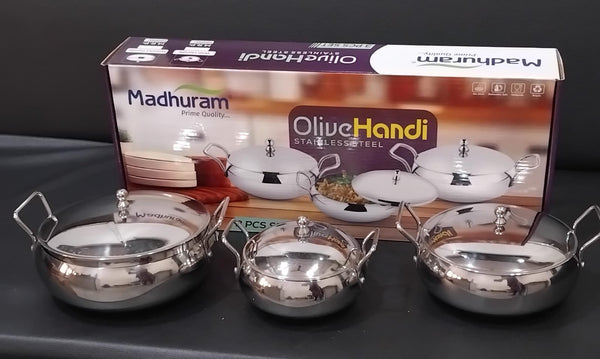 AM2952 Madhuram Prime Quality Olive Handi Stainless Steel With Handle 3 Pcs Set