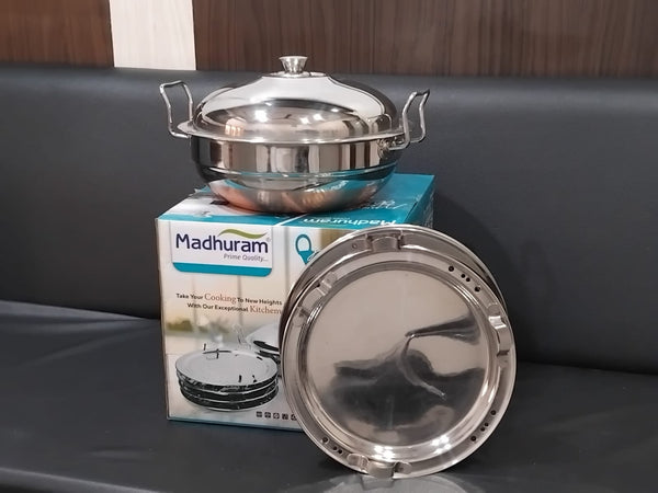 AM2953 Madhuram Prime Quality Copper Bottom (CB) 3 In 1 Multi Kadai Stainless Steel Lid Idli Plate 2 Pcs, Dhokla Plate 2 Pcs, Steam Plate 1 Pcs Set