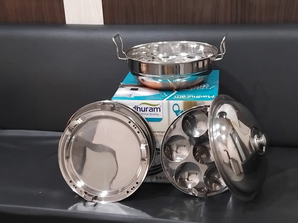 AM2953 Madhuram Prime Quality Copper Bottom (CB) 3 In 1 Multi Kadai Stainless Steel Lid Idli Plate 2 Pcs, Dhokla Plate 2 Pcs, Steam Plate 1 Pcs Set