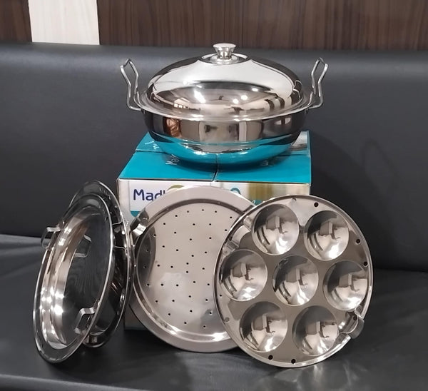 AM2954 Madhuram Prime Quality Induction Bottom (SB) 3 In 1 Multi Kadai Stainless Steel Lid Idli Plate 2 Pcs, Dhokla Plate 2 Pcs, Steam Plate 1 Pcs Set