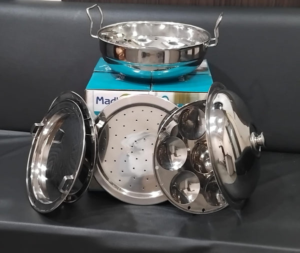 AM2954 Madhuram Prime Quality Induction Bottom (SB) 3 In 1 Multi Kadai Stainless Steel Lid Idli Plate 2 Pcs, Dhokla Plate 2 Pcs, Steam Plate 1 Pcs Set