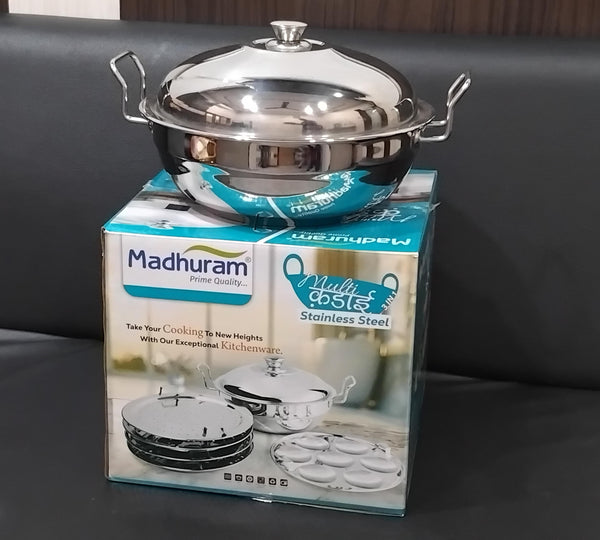 AM2955 Madhuram Prime Quality 18 Gauge Flat Bottom Kadai (18 G.F.B) 3 In 1 Multi Kadai Stainless Steel Lid Idli Plate 2 Pcs, Dhokla Plate 2 Pcs, Steam Plate 1 Pcs Set (Copy)