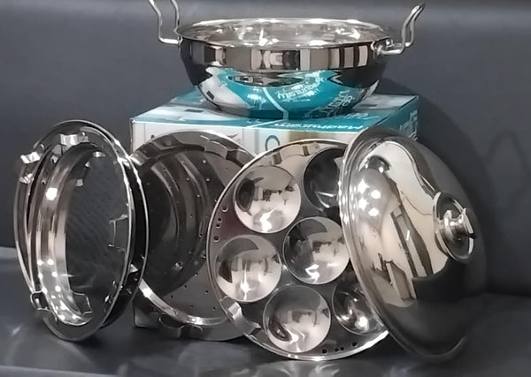 AM2955 Madhuram Prime Quality 18 Gauge Flat Bottom Kadai (18 G.F.B) 3 In 1 Multi Kadai Stainless Steel Lid Idli Plate 2 Pcs, Dhokla Plate 2 Pcs, Steam Plate 1 Pcs Set (Copy)