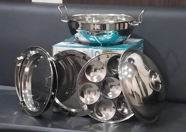 AM2955 Madhuram Prime Quality 18 Gauge Flat Bottom Kadai (18 G.F.B) 3 In 1 Multi Kadai Stainless Steel Lid Idli Plate 2 Pcs, Dhokla Plate 2 Pcs, Steam Plate 1 Pcs Set (Copy)