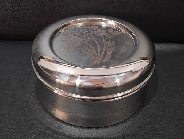 AM2965 Madhuram Prime Quality Mira Dabba No.3 8.4X19 mm Stainless Steel Flower Design Mirror Finish Dabba Set of 1