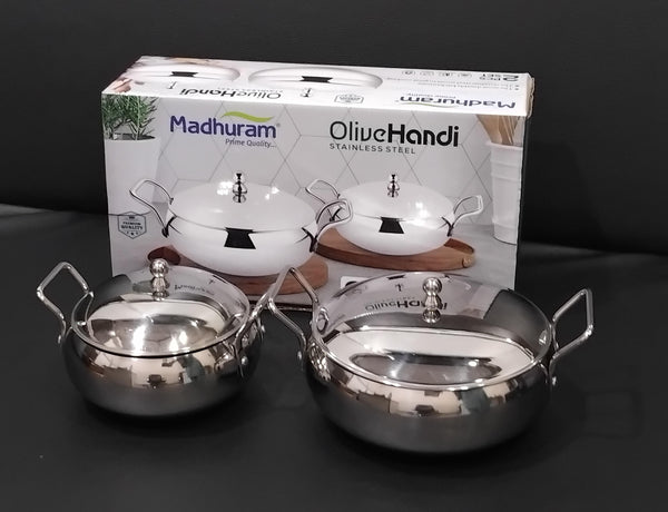 AM2959 Madhuram Prime Quality Olive Handi Stainless Steel With Handle 2 Pcs