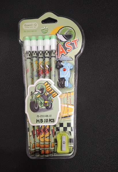 AM2969 Racing Moto Pencil Set PS-2310-RM-10 Standard Bright HB Pencil 10 Pcs, Sharpener 1 Pcs , Eraser 1 Pcs