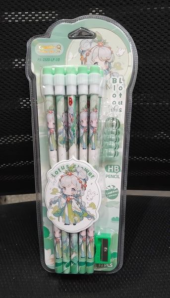 AM2971 Lotus Flower Pencil Set PS-2320-LF-10 Standard Bright HB Pencil 10 Pcs, Sharpener 1 Pcs, Pencil Cap 1 Pcs