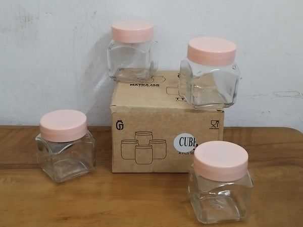 AM3001 Square Cube Glass Kitchen Storage Container Set, 250 ml 4 Pcs