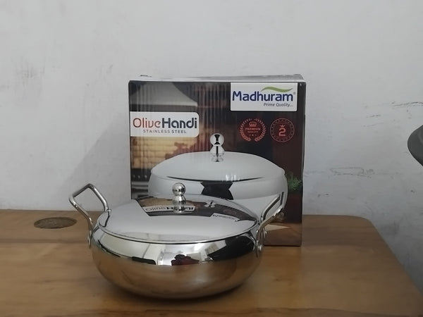 AM2995 Madhuram Prime Quality Olive Handi Stainless Steel (2) With Handle 1 Piece