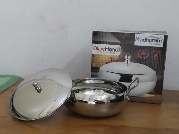 AM2995 Madhuram Prime Quality Olive Handi Stainless Steel (2) With Handle 1 Piece