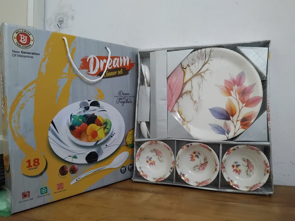 AM3099 Melamine Dream Dinner Set High Quality plastic Dinning Dinner set with Unique Flower Design Printed, 6 pc Plates, 6 pc Bowls and 6 pc Serving Spoon, Lightweight Round Plates and Bowls, Microwave, and Dishwasher Safe Set Of 18 Piece