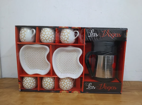 AM3084 Las Vegas Set Ceramic 6 Piece Mug, Plastic 2 Piece Platter & 1 Piece Kettle Set Of 9 Piece