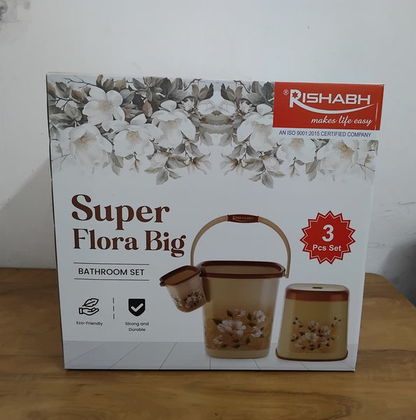 AM3004 Rishabh Supper Flora Plastic Bathroom Set Big Bucket 25 Ltr, Mug 1.5 Ltr, Stool Multicolour Set 3 Piece