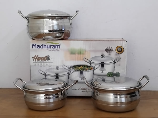 AM3112 Madhuram Prime Quality Silver Handi Stainless Steel 3 Piece