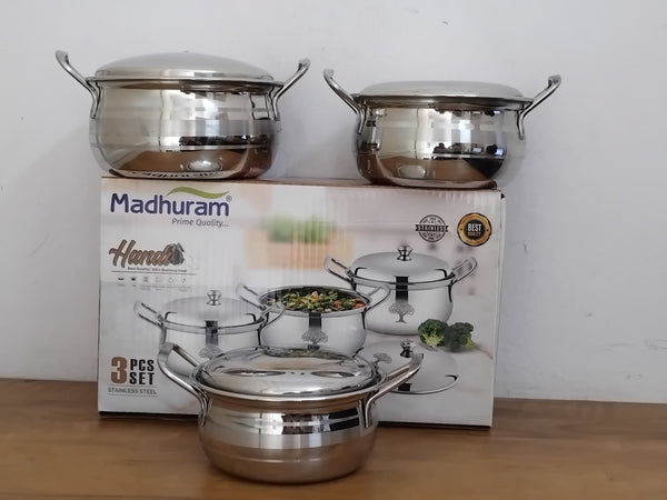 AM3112 Madhuram Prime Quality Silver Handi Stainless Steel 3 Piece