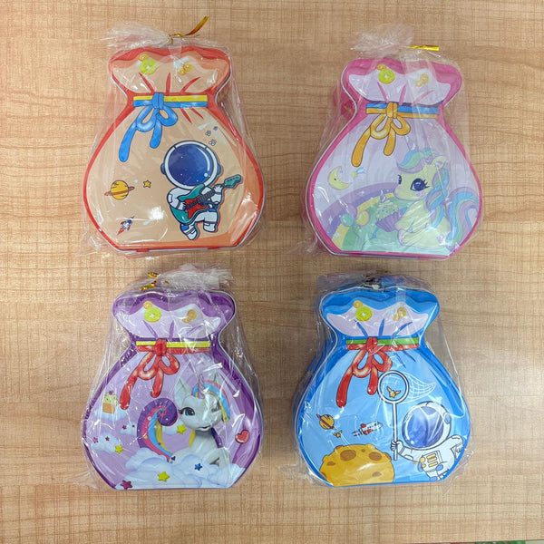 AM6728 Mix Design Theme Money-Bag Shaped Metal Tin Box with Handle - L50