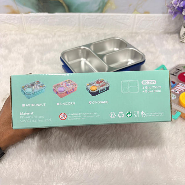 AM7371 Dino-Themed Multi-Compartment Kids' Lunch Box with Stainless Steel Interior and Insulated Soup Bowl