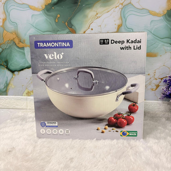 AM7388 Tramontina Velo Forged Deep Kadai with Glass Lid - 32cm (Sand)