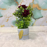 AM7452 Artificial Dark Red Rose & Mixed Greenery in Golden Feather Textured Pot