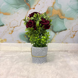 AM7452 Artificial Dark Red Rose & Mixed Greenery in Golden Feather Textured Pot