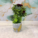 AM7452 Artificial Dark Red Rose & Mixed Greenery in Golden Feather Textured Pot
