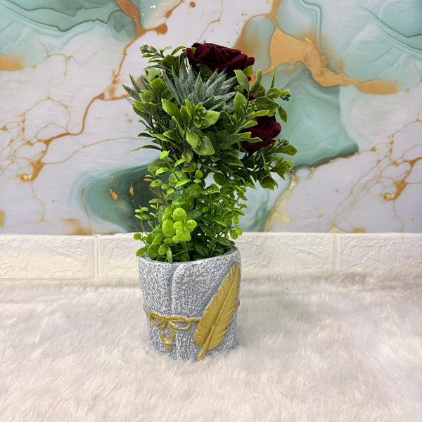 AM7452 Artificial Dark Red Rose & Mixed Greenery in Golden Feather Textured Pot