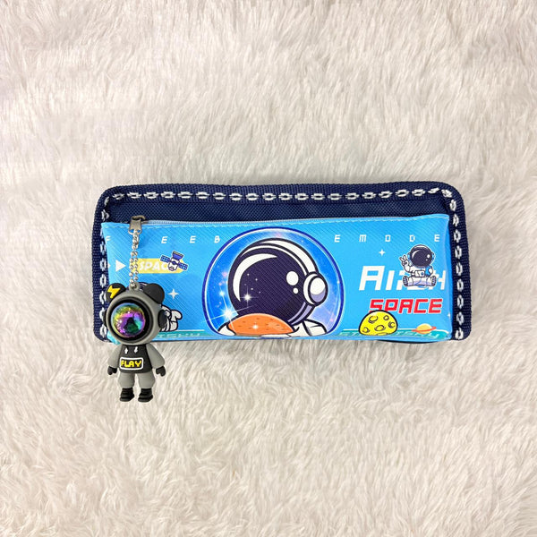 AM7473 Kids Pencil Case with Astronaut Theme, Blue Space Design, Zipper Pouch with Charm