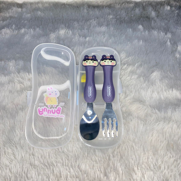 AM7511 Baby Self Feeding Spoon & Fork Set with Case | Stainless Steel Kids Cutlery 2-Piece Set