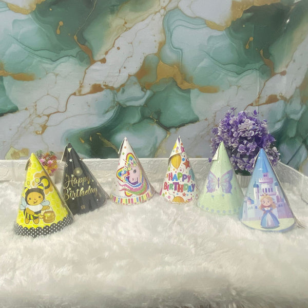 AM7686 Vibrant Multi Theme Birthday Party Cone Hats Pack of 6 for Kids Celebrations