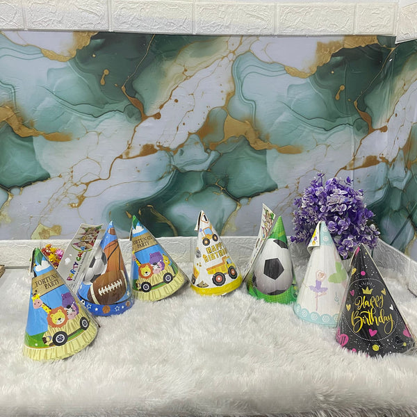 AM7686 Vibrant Multi Theme Birthday Party Cone Hats Pack of 6 for Kids Celebrations