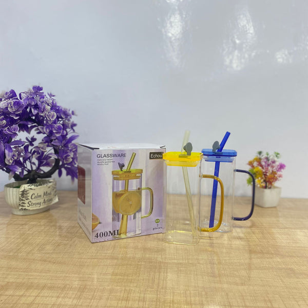 AM7704 400ml Borosilicate Glass Tumbler with Handle, Lid, and Straw (2-Piece Set)