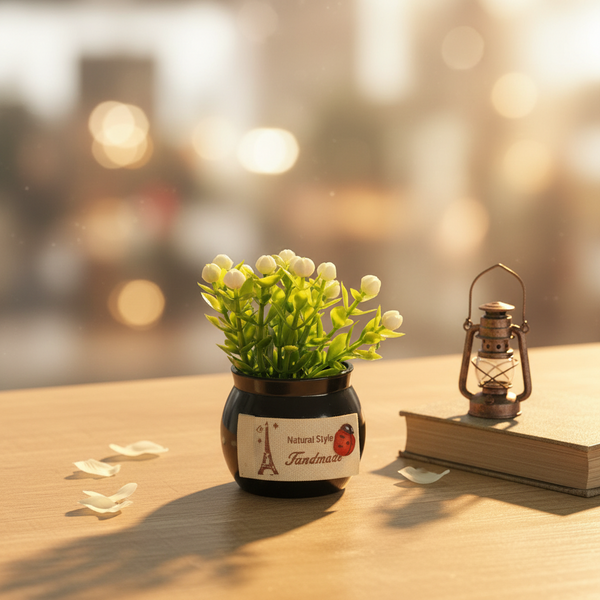 AM7724 ARTIFICIAL WHITE FLOWER POTTED PLANT WITH BLACK VASE FOR HOME OFFICE DECORATION