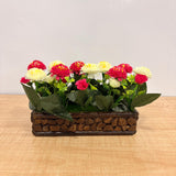 AM7773 Artificial Carnation & Rose Mini Flower Arrangements in Rustic Mosaic Wooden Planters (Set of 1)