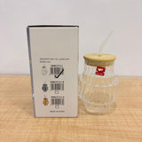 AM7780 RIDGED GLASS TUMBLER FEATURING A NATURAL BAMBOO LID AND REUSABLE MATCHING GLASS STRAW