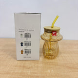 AM7781 AMBER RIDGED GLASS TUMBLER WITH NATURAL BAMBOO LID AND REUSABLE MATCHING GLASS STRAW