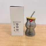 AM7782 GREY RIDGED BOROSILICATE GLASS TUMBLER WITH NATURAL BAMBOO LID AND MATCHING GLASS STRAW
