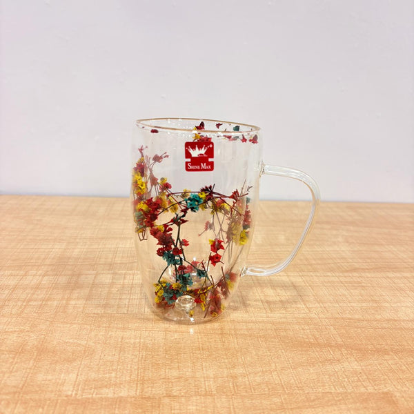 AM7788 SHINE MAX DOUBLE WALL GLASS MUG WITH DECORATIVE DRIED FLOWERS INSIDE FOR DRINKS