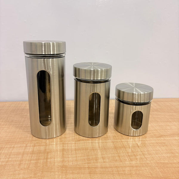 AM7791 TAG STAINLESS STEEL STORAGE JAR SET OF 3 WITH GLASS VIEWING WINDOWS FOR KITCHEN