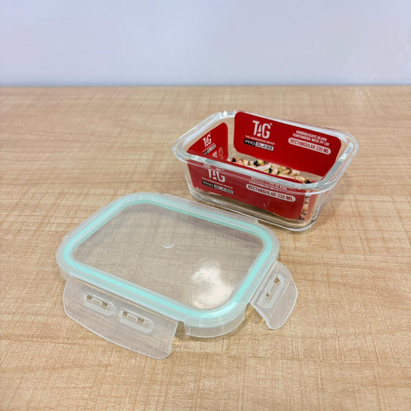 AM7798 TAG RECTANGULAR BOROSILICATE GLASS FOOD CONTAINER WITH AIRTIGHT SEALABLE LID 330ML CAPACITY