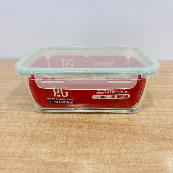 AM7801 TAG RECTANGULAR BOROSILICATE GLASS FOOD CONTAINER WITH AIRTIGHT SEALABLE LID 1500ML CAPACITY