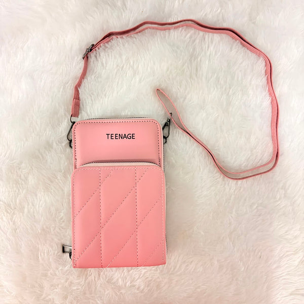 A06696 Stylish Pink Quilted Crossbody Sling Bag & Mobile Wallet for Women & Girls