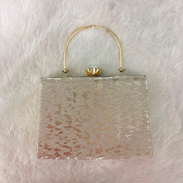 A06700 Shiny Glitter Shimmer Box Clutch Bag with Gold Ring Handle & Crystal Closure