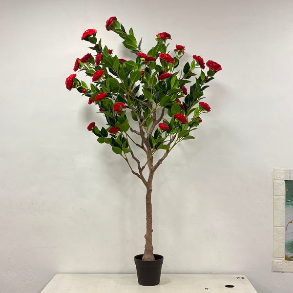 A06682 Artificial Red Rose Flowering Tree in Black Pot
