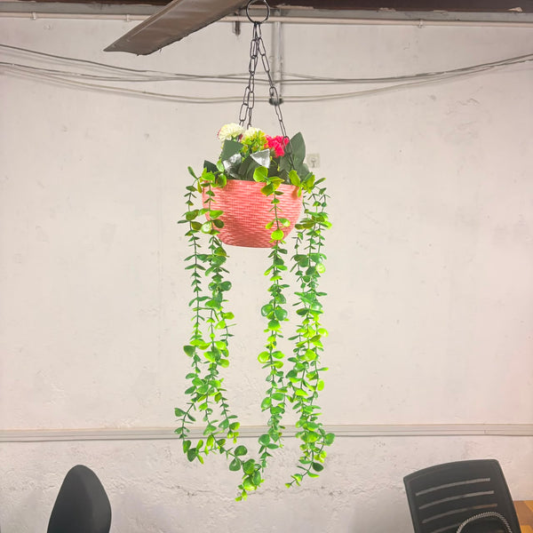 A06689 Artificial Hanging Plant Basket with Trails & Flowers for Home & Garden Decor